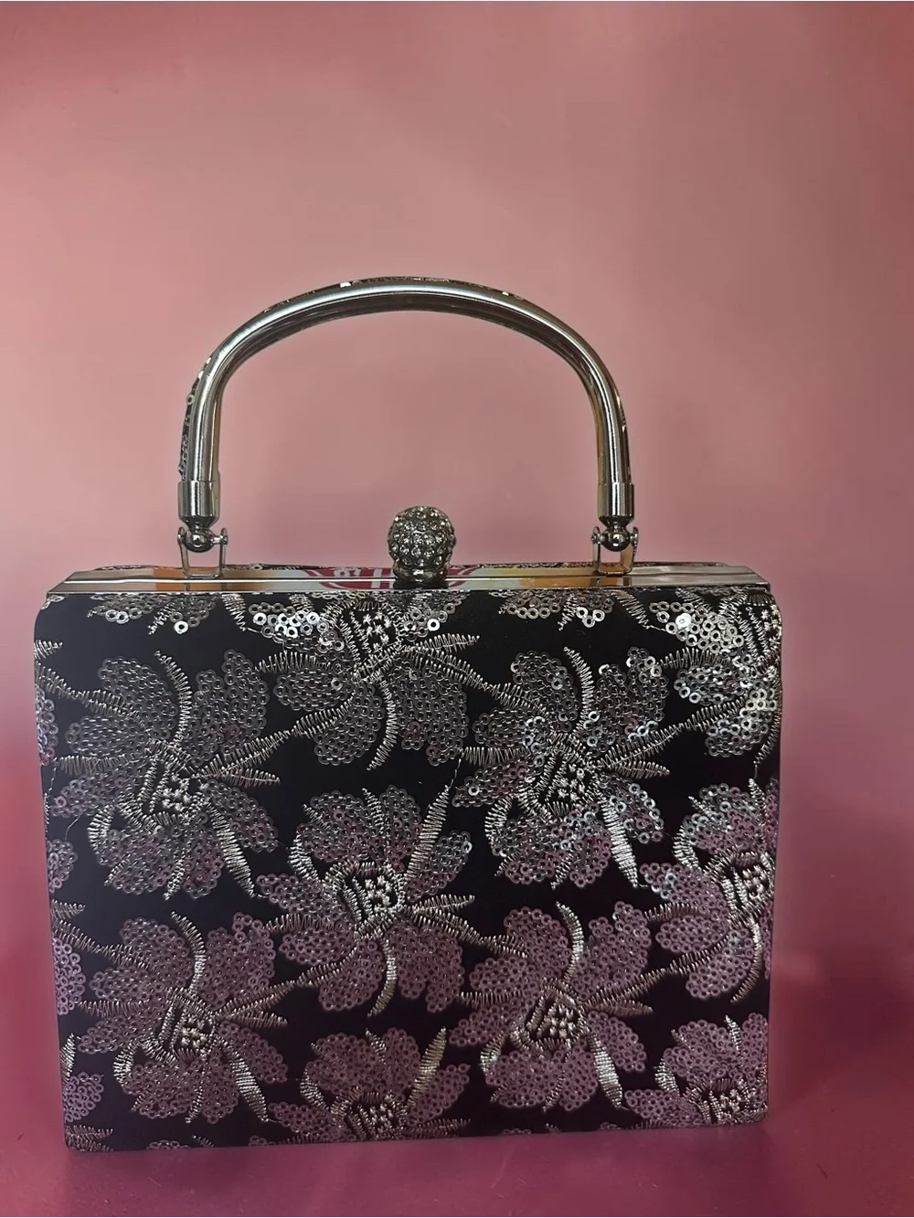 Sequin Floral Box Clutch with Top Handle - Black Silver
